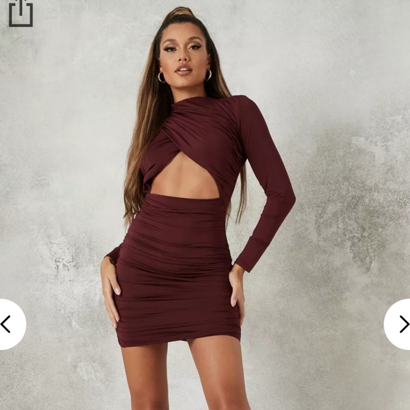 Missguided Dresses & Skirts - Ruched cutout midriff slinky wrap long sleeve dres